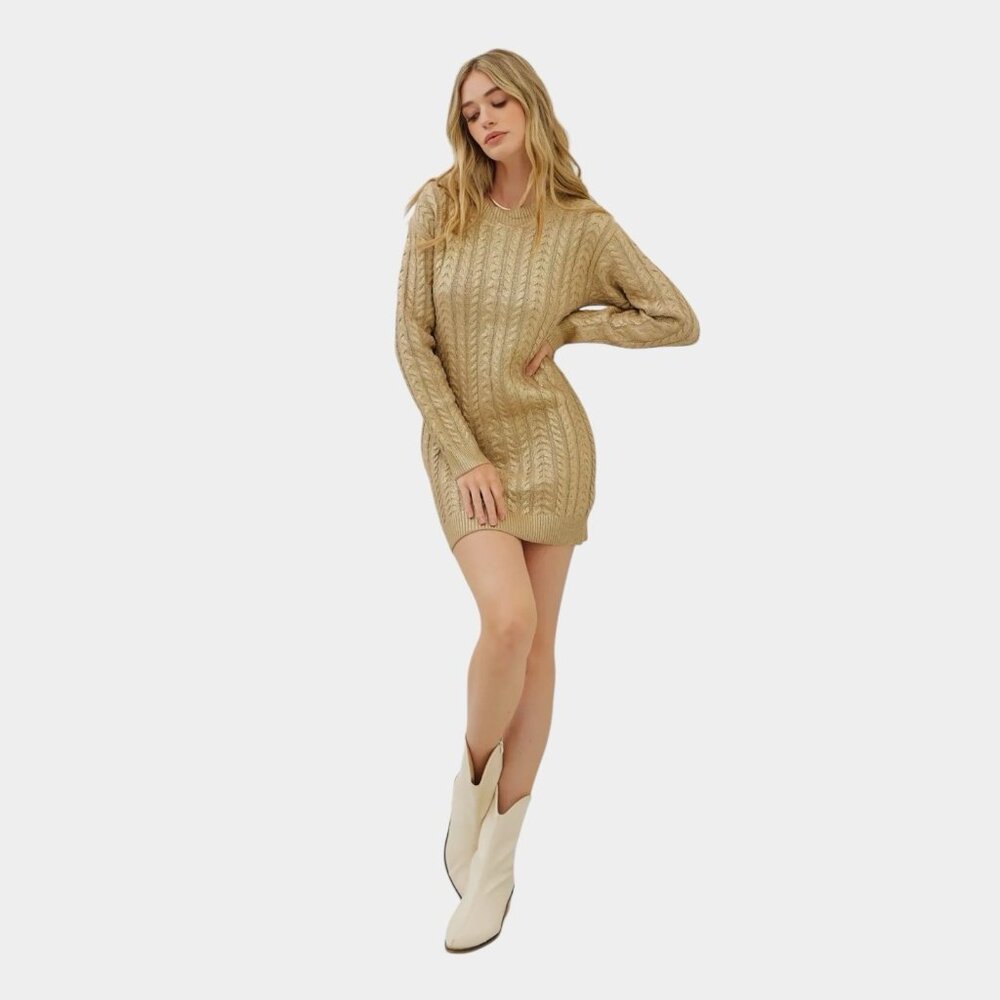 Women’s Sweater Mini Dress Metallic Foil Cable Knit Gold Size Medium Round Neck